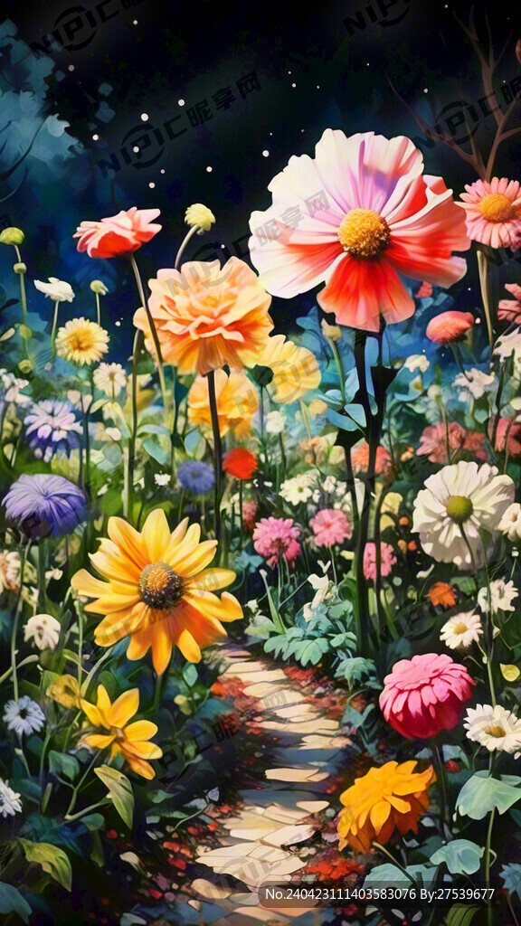 油画风格的花园 花丛 五颜六色