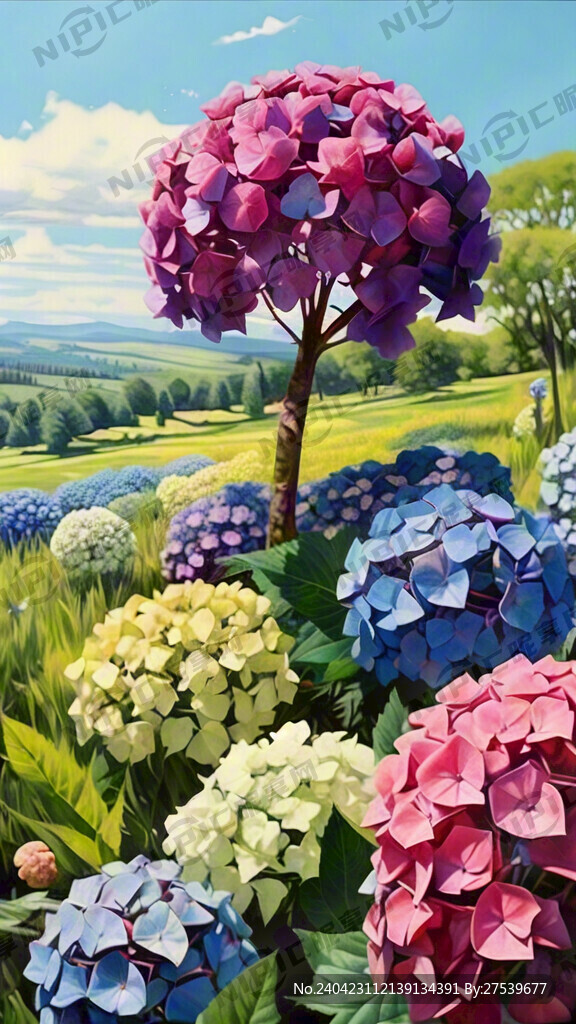 草地上 绣球花 五颜六色