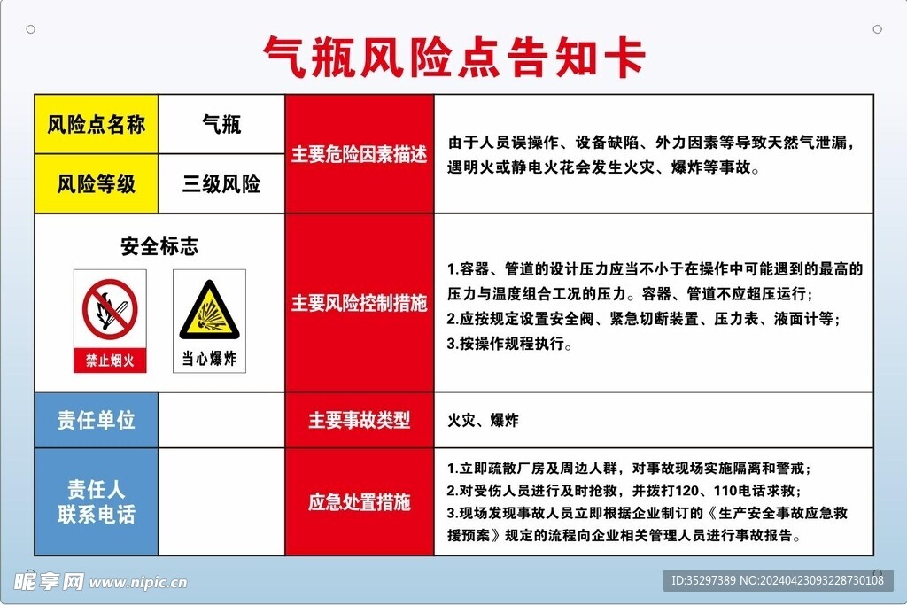 气瓶风险点告知卡当心爆炸