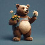 一只站着向左走路的熊 姿态憨厚 手里拿着一束花  掂着肚子 开心