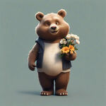 一只站着向右走路的熊   卡通 姿态憨厚 手里拿着一束花  掂着肚子 开心