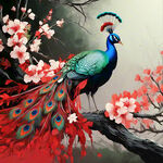 红色背景，山石桃花树，孔雀开屏在林中，几版画风格