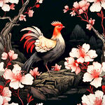 红色的底，山石桃花树林，锦鸡走在林中，花朵装饰，版画风格，线画风格