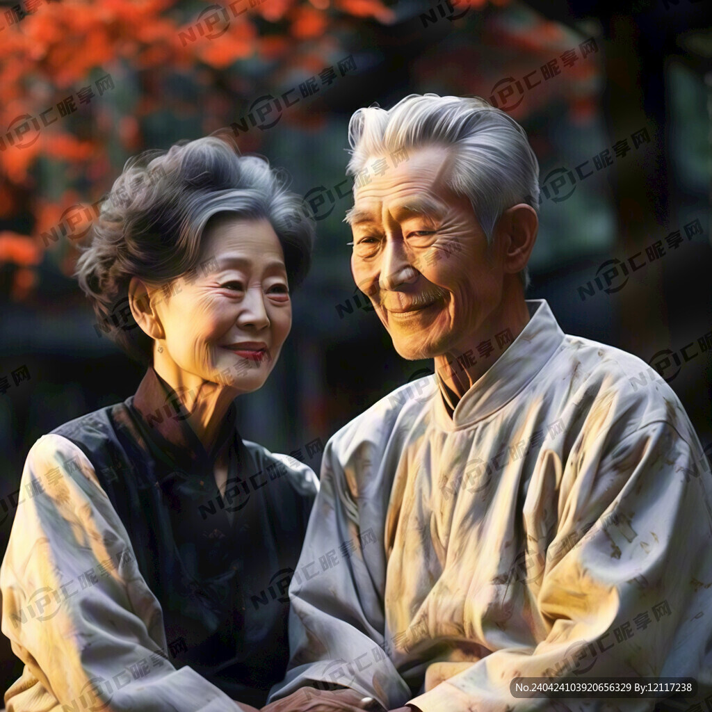 在黄昏中的一对非常恩爱的老人