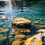 清澈的湖水中，有一块浅黄色的岩石，岩石上隐约可见的水草，湖水平面上是浅蓝的天空