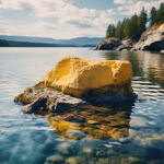 湛蓝的湖水中，有一块浅黄色的岩石，岩石上隐约可见的水草，湖水平面上是浅蓝的天空