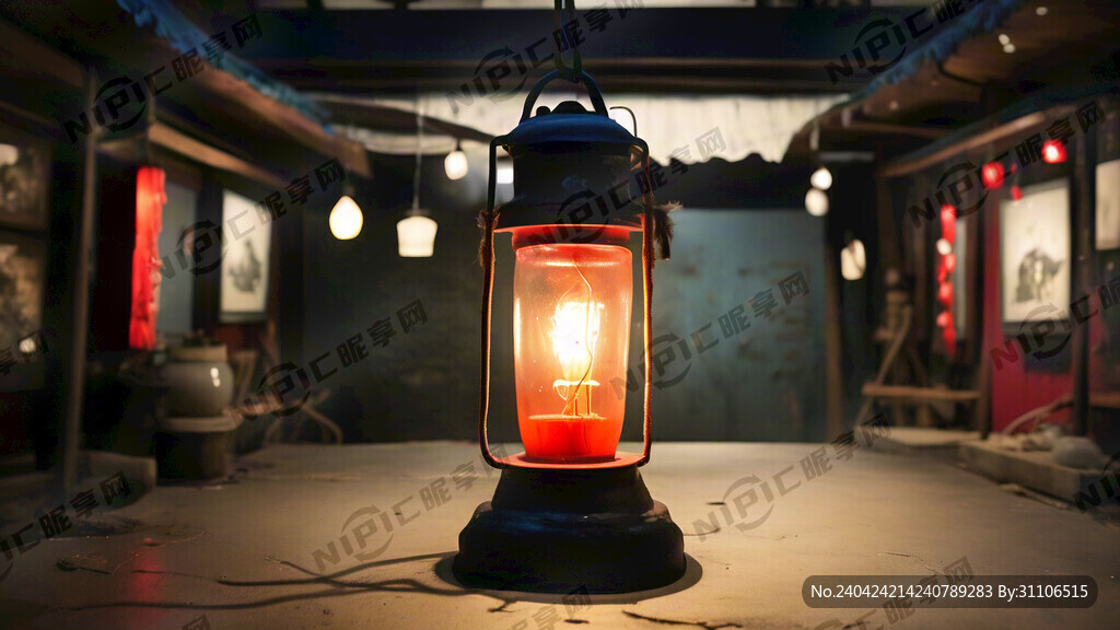 蓝色沼气灯挂在红色沼源村博物馆