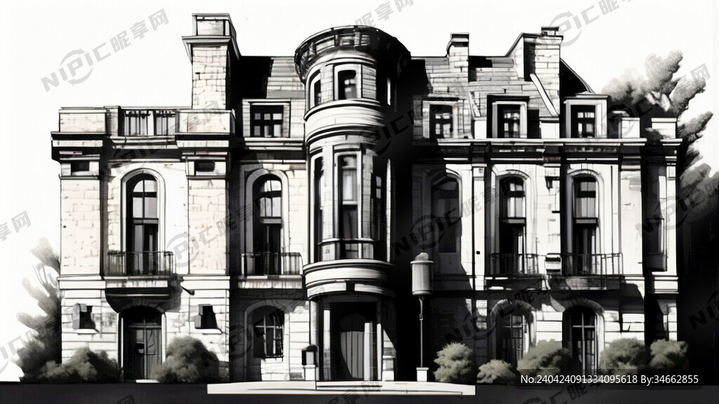 画一张单线黑白建筑手绘线描图