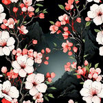 红色底，山石桃花树林，黑色山石，版画风格，装饰画