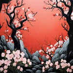 红色背景，山石桃花树林，黑色山石，版画风格，装饰画