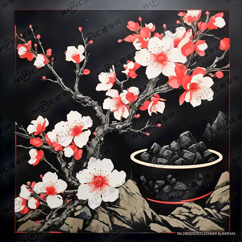红色背景 山石桃花树林 装饰画