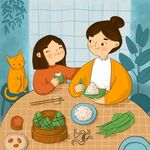 手绘水彩家庭过端午节粽子插画