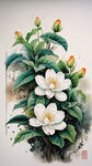 画面清新，一朵白色茉莉花，带2片翠绿的叶子，白底无字