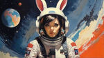 用马克笔画一个女性宇航员，白色宇航服，头顶上有兔子元素，面对着地球，地球人类在欢呼，太空中有陨石穿行，画风是赛博朋克