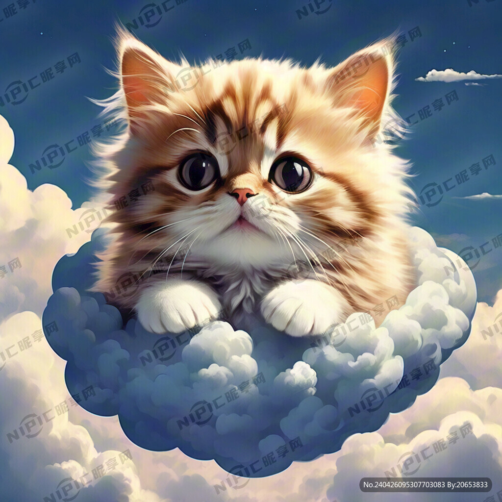 萌系猫咪在云上 白色背景