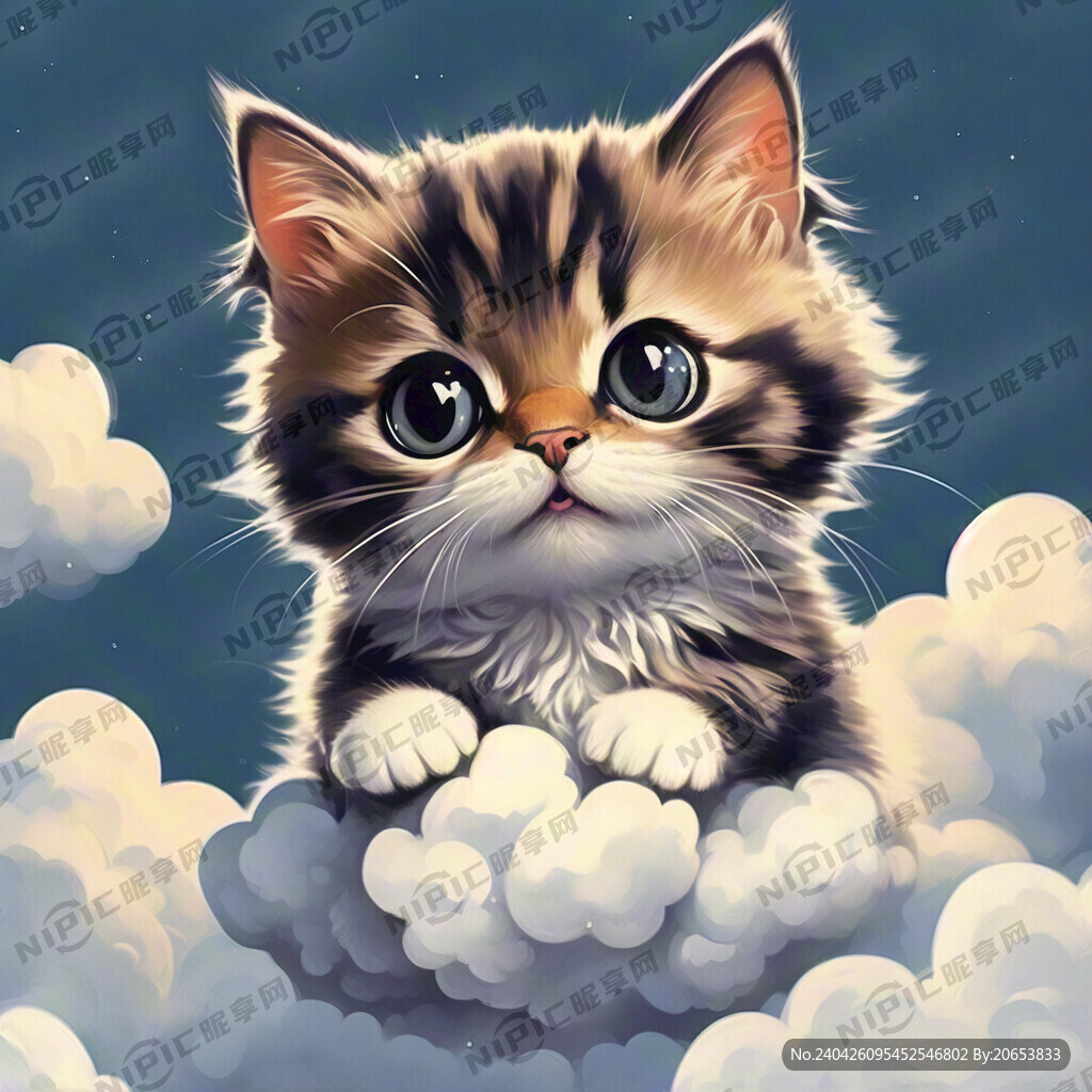 萌系猫咪在云上 白色背景