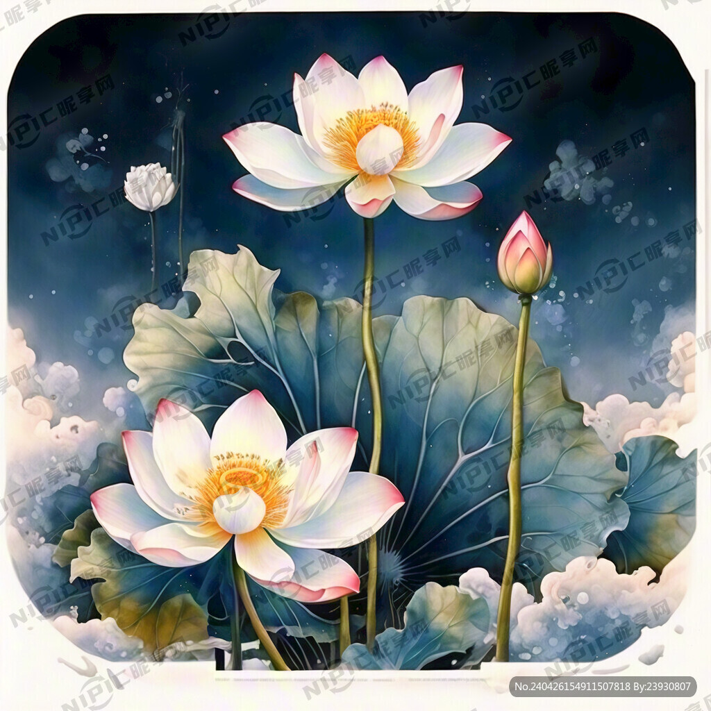 白色莲花 好运 蓝色 绽放 云