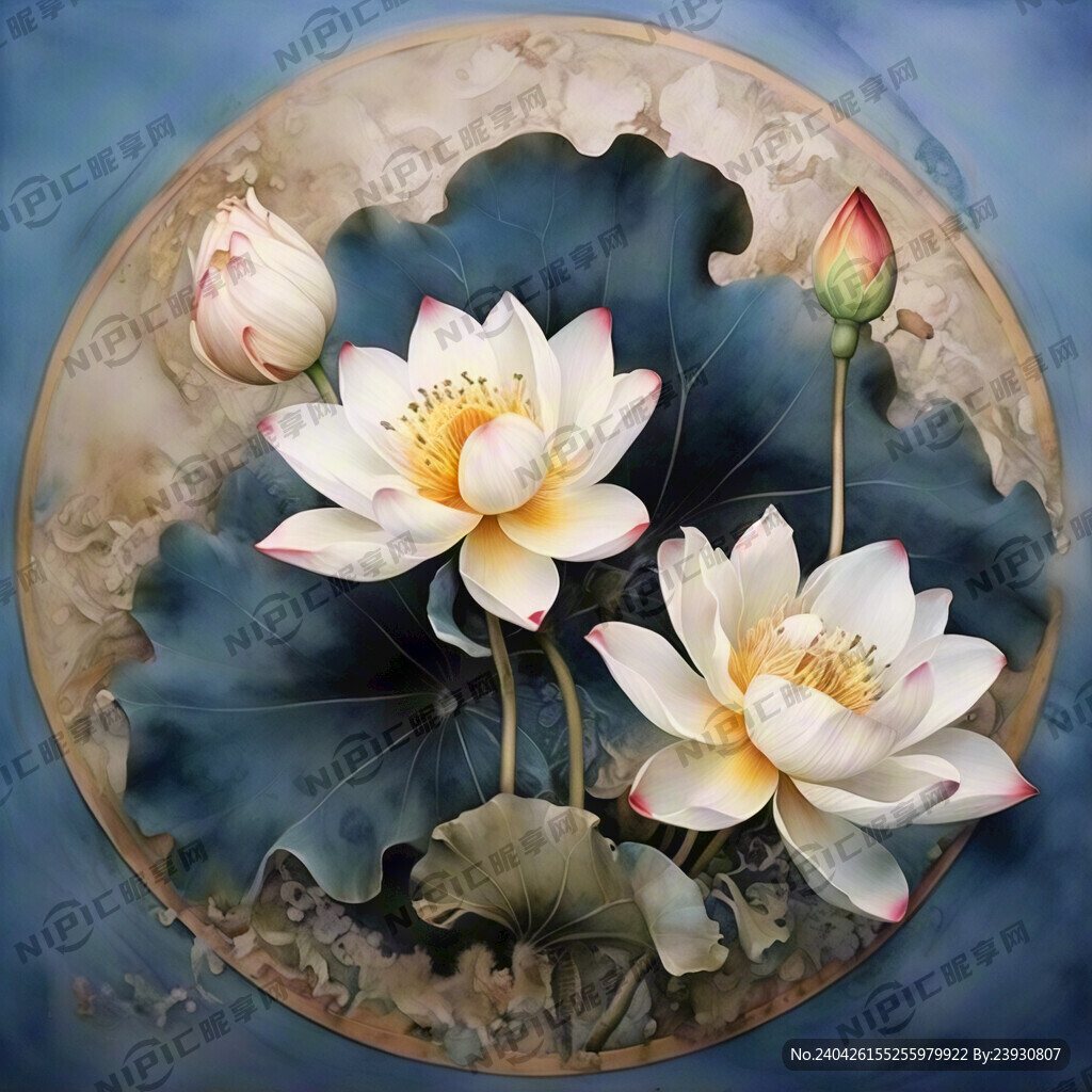 工笔画 白色莲花 蓝色背景