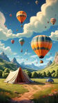 卡通  大草坪 露营帐篷  背景群山  天空上热气球