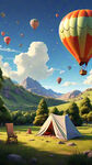 卡通  大草坪 露营帐篷  背景群山  天空右上方上热气球