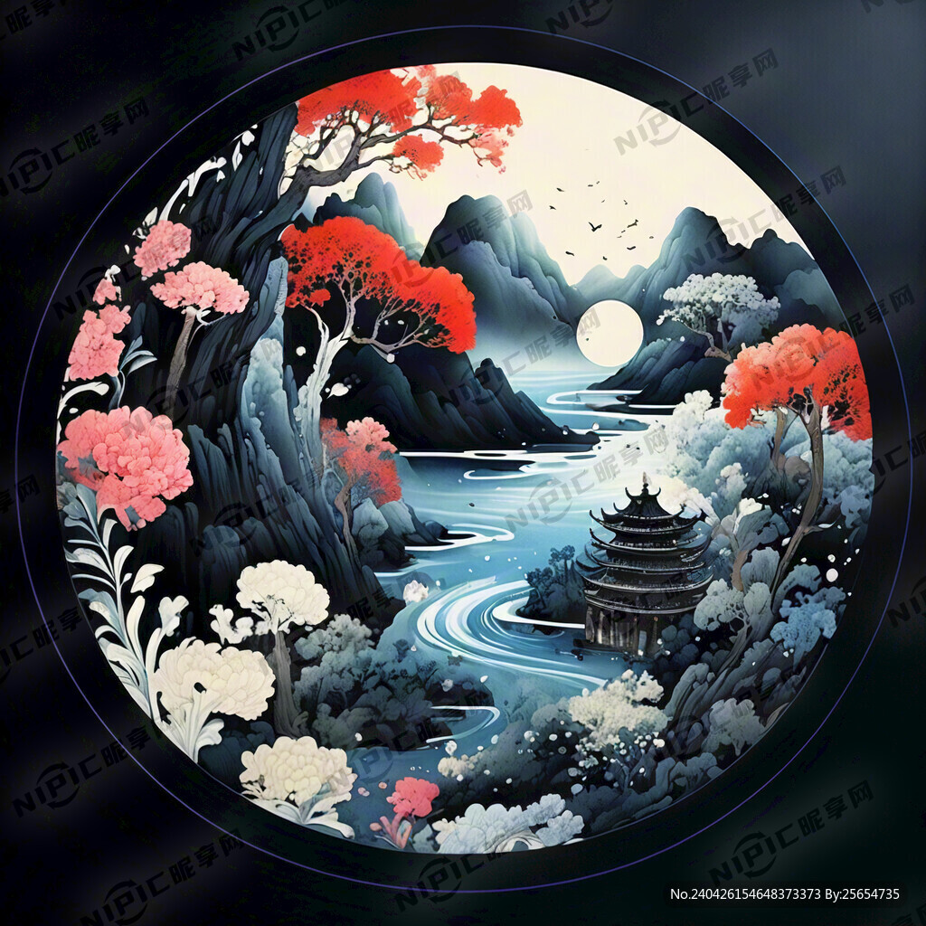圆形国潮线性插画 建筑 祥云 