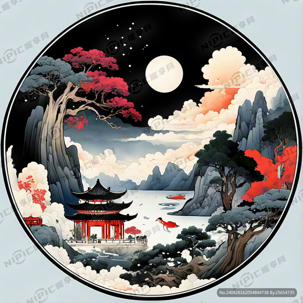 圆形国潮线性插画 建筑 祥云 