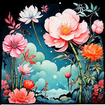 色彩鲜艳的花。底色鲜艳。中国风云朵。竹子。不要有圈