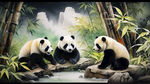 熊猫国画，中国风，工笔画风，多只熊猫嬉戏，山水做背景，有竹子