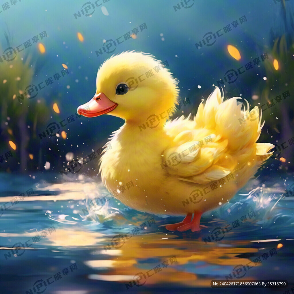 可爱卡通黄小鸭在蓝色水中嬉戏