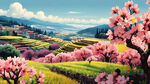 春天开满桃花的山坡，盛开油菜花的梯田
