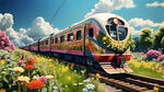 一趟轨道上的火车，鲜花环绕绿草如茵，梦幻般的视觉效果明亮的颜色