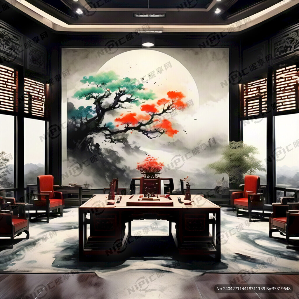 传统中式大班台办公室效果图