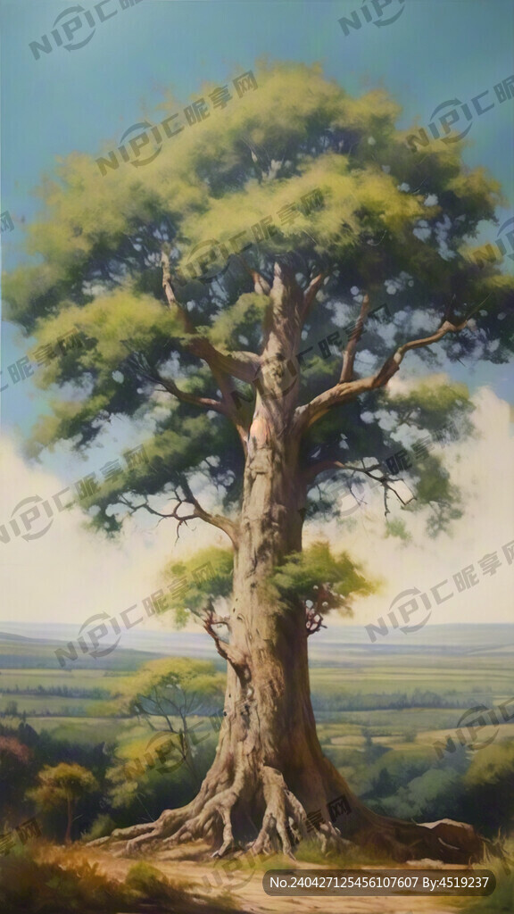 画一颗笔直的大树 油画风格