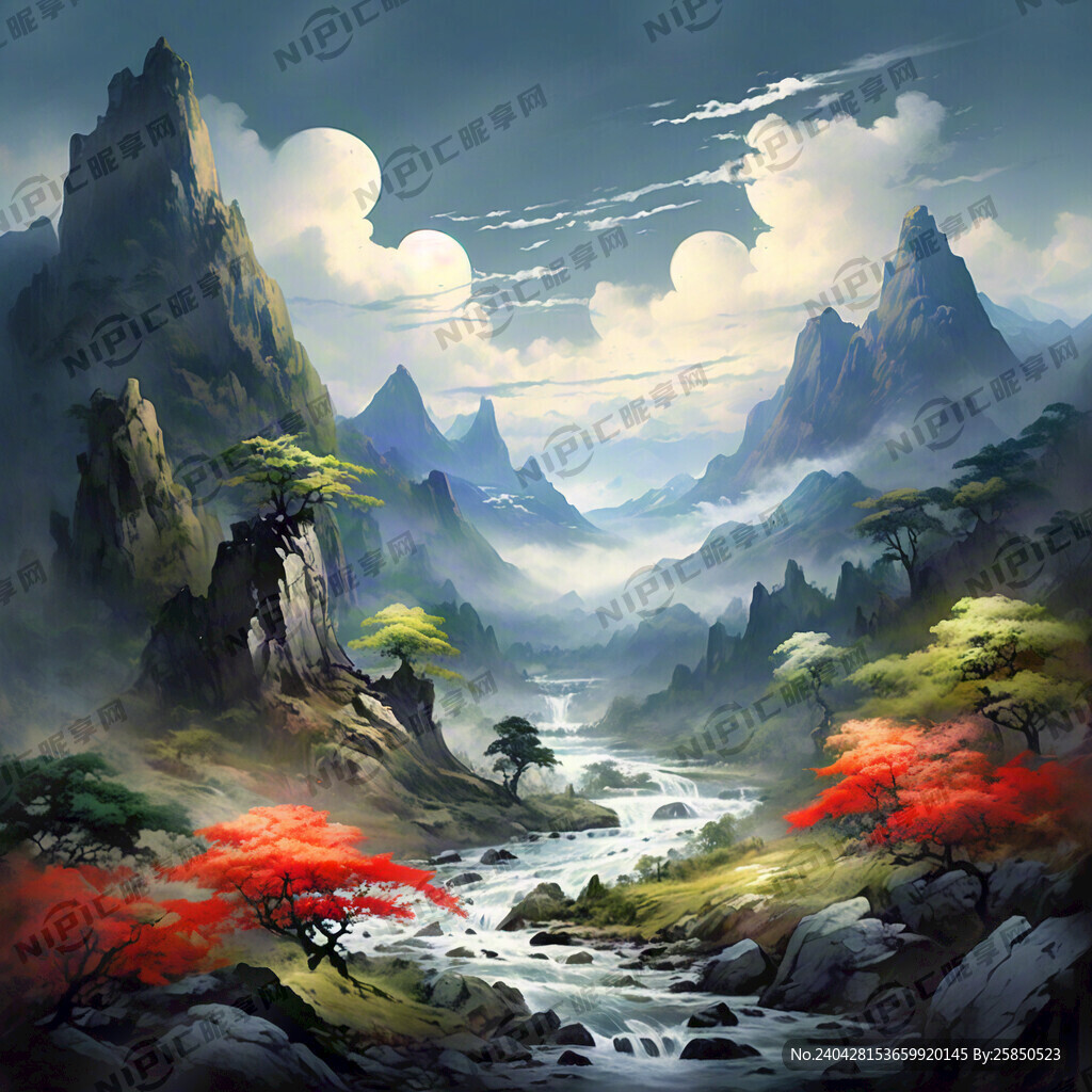 山谷 中国风 中国画 山水