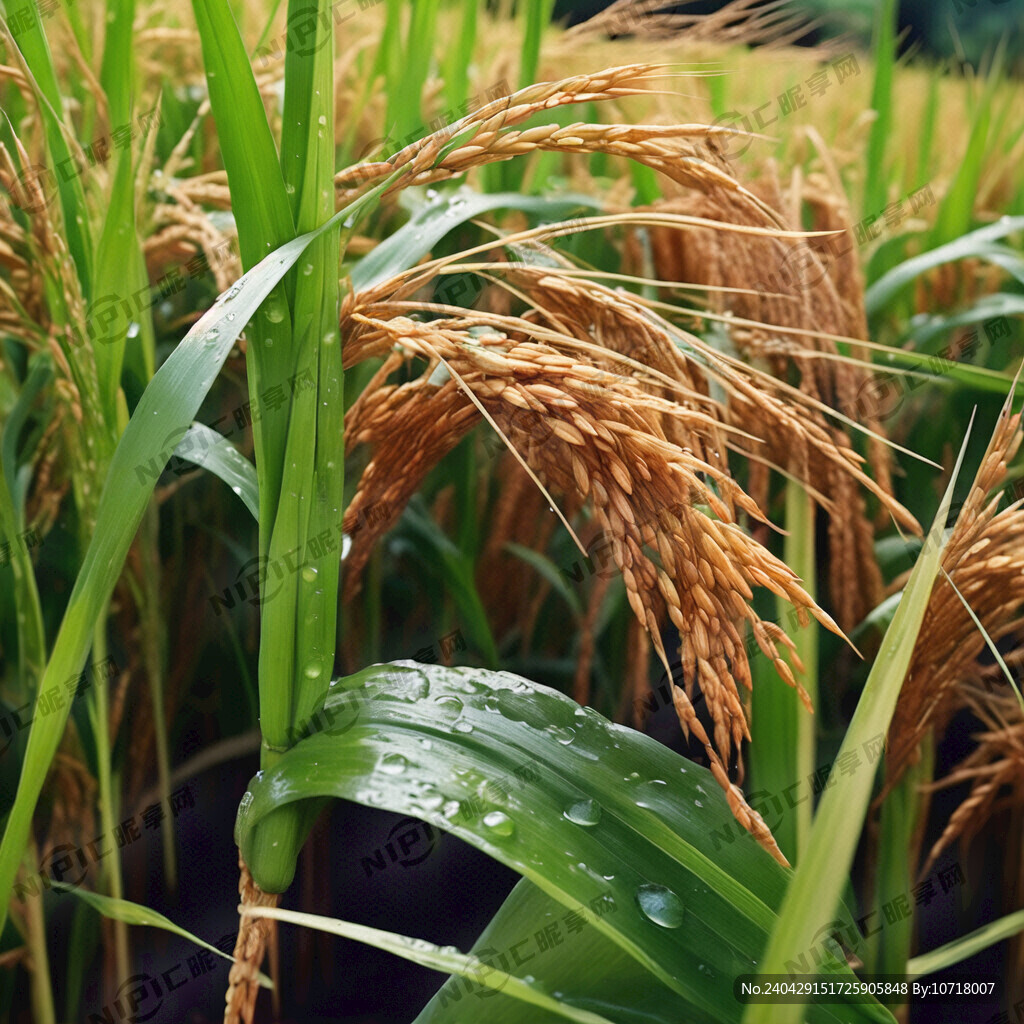 稻田、绿色、丰收、水稻、露珠