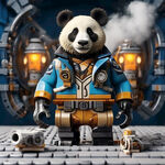 用乐高构建一个蒸气朋克世界的熊猫，身穿蓝色工作服，