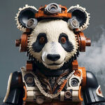 用乐高构建一个蒸气朋克世界版熊猫，头部全部用乐高构成