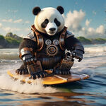 用乐高构建一个蒸气朋克世界版熊猫正在海边冲浪