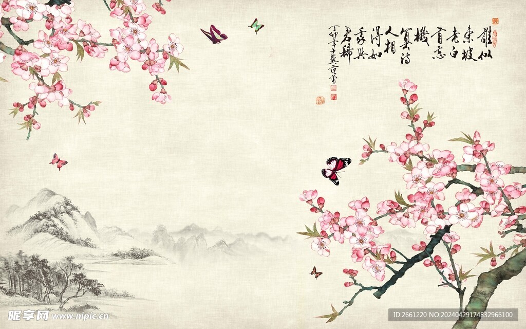 中国风山水画 桃花朵朵