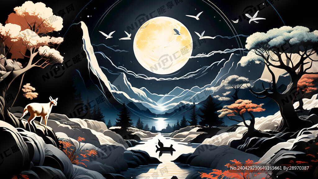 山水 简约 线条 鱼 月亮 树