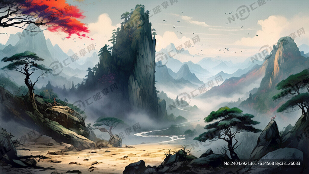 山谷 中国风 中国画 山水