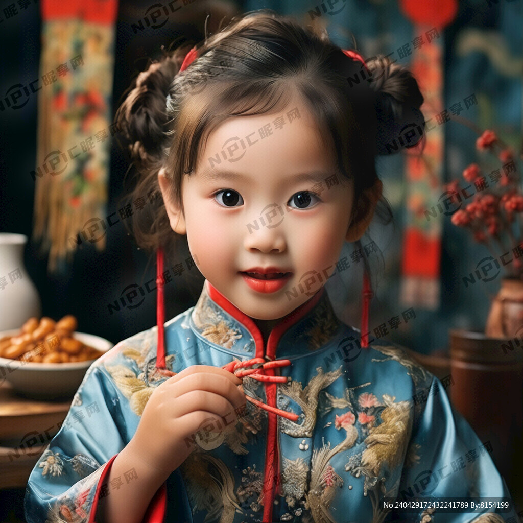 中国服装 小女孩 大口吃