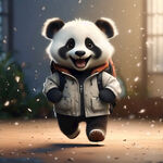 可爱白底卡通小熊猫身穿夹克背着小书包开心奔跑的形象