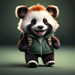 圆润可爱卡通小熊猫身穿墨绿色上衣背着小书包开心奔跑没底纹的形象