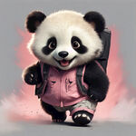 圆润可爱黑白卡通小熊猫身穿粉红色上衣背着小书包开心奔跑的形象