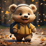 圆润可爱卡通小熊身穿银杏色上衣背着小书包开心奔跑的形象