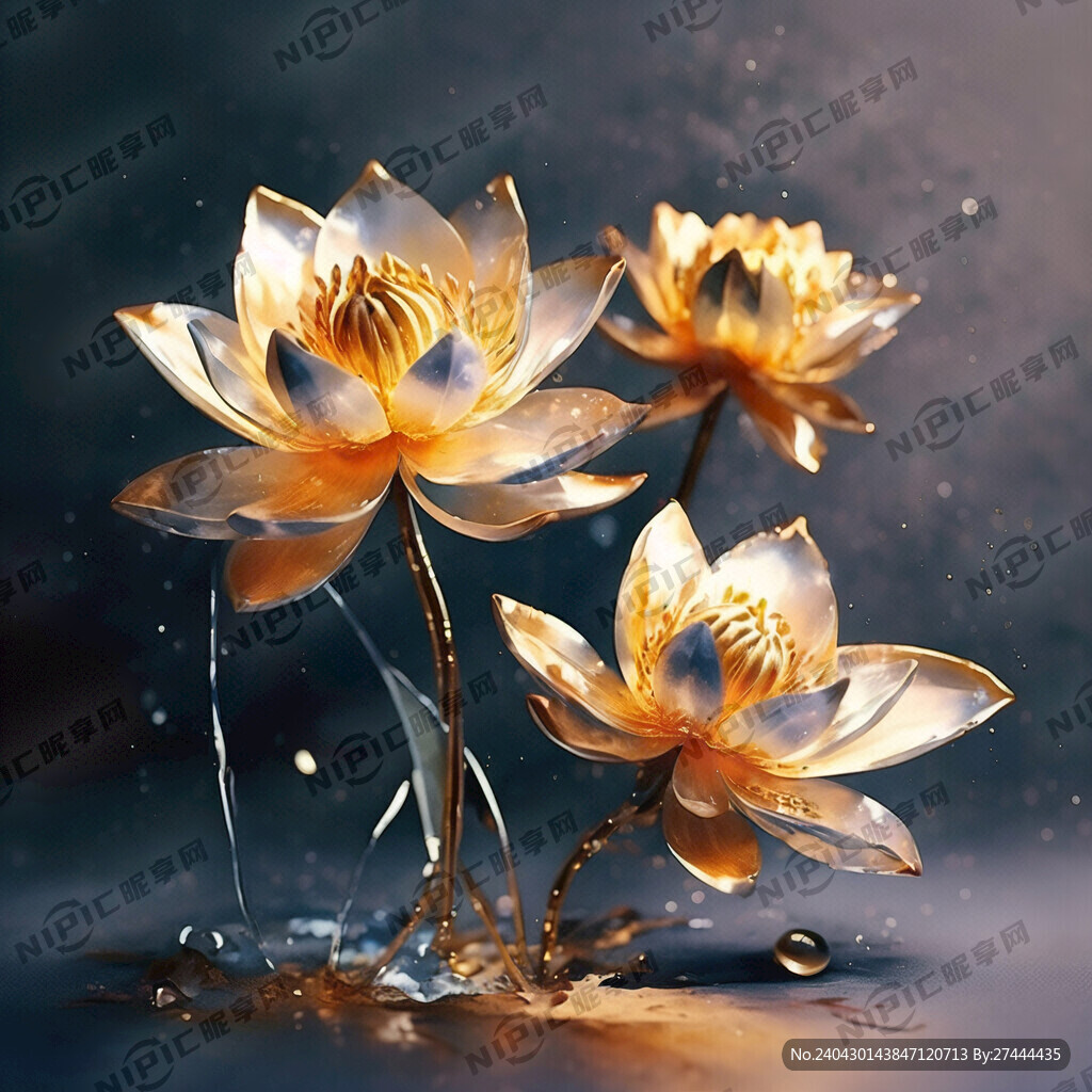 三支金色水晶莲花 一朵全开