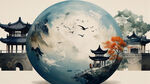 在半圆形的蓝色地球上，凸显出中国各地的地标建筑