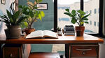 简约的办公桌面，画面右侧露出键盘小部分，三点钟方向放着一本书，书上放着眼镜，10点钟方向有一个小盆栽。看起来很逼真
