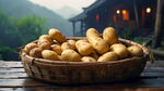 竹筐里装着8个土豆，放在木桌上，远处是大雾群山吊脚楼